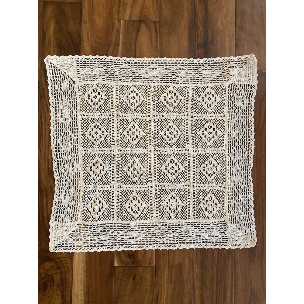 Vintage Handmade Crochet Ecru Square Tablecloth 24” * 24”